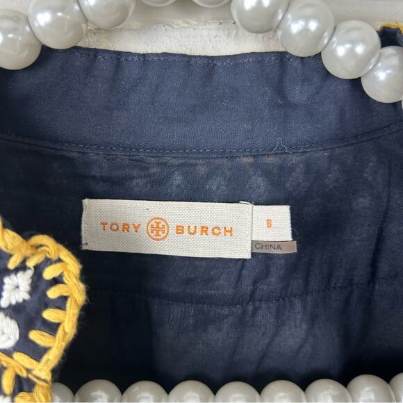 Tory Burch Navy Embroidered Fringe Detail 100% Cotton Tunic Size 8 - Picture 9 of 14